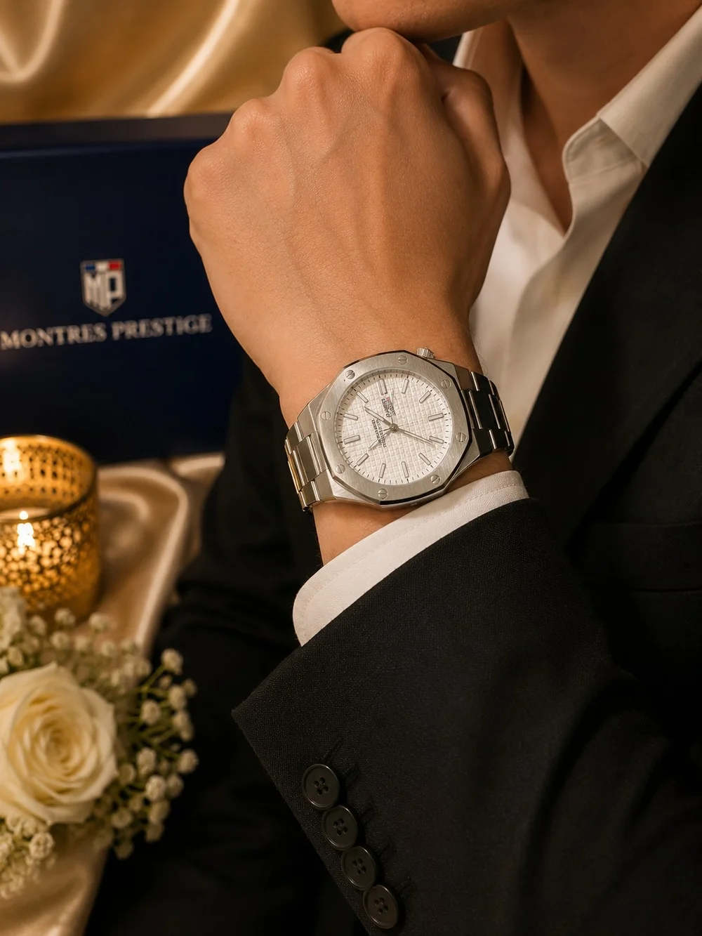 Montres Prestige Men's Silver Stainless Steel Watch with White Dial
